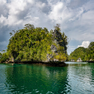 Undercut karst islet with a pointed rock spire under cloudy sky, Waigeo, Raja Ampat, Indonesia