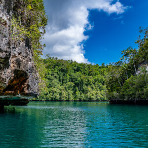 Rust-coloured cliff overhang framing jungle and blue sky, Waigeo, Raja Ampat, Indonesia