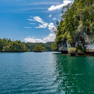 Cliff with overhanging vegetation and distant islets on blue water, Waigeo, Raja Ampat, Indonesia