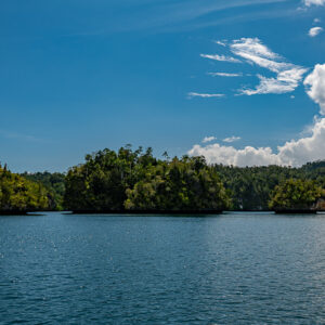 Line of low jungle islets in front of a forested coast with wispy clouds, Waigeo, Raja Ampat, Indonesia