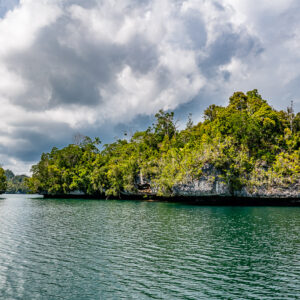 Elongated forested islet beneath billowing clouds, Waigeo, Raja Ampat, Indonesia