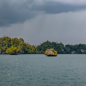 Rain curtain over a forested coast with a small rock at sea, Waigeo, Raja Ampat, Indonesia
