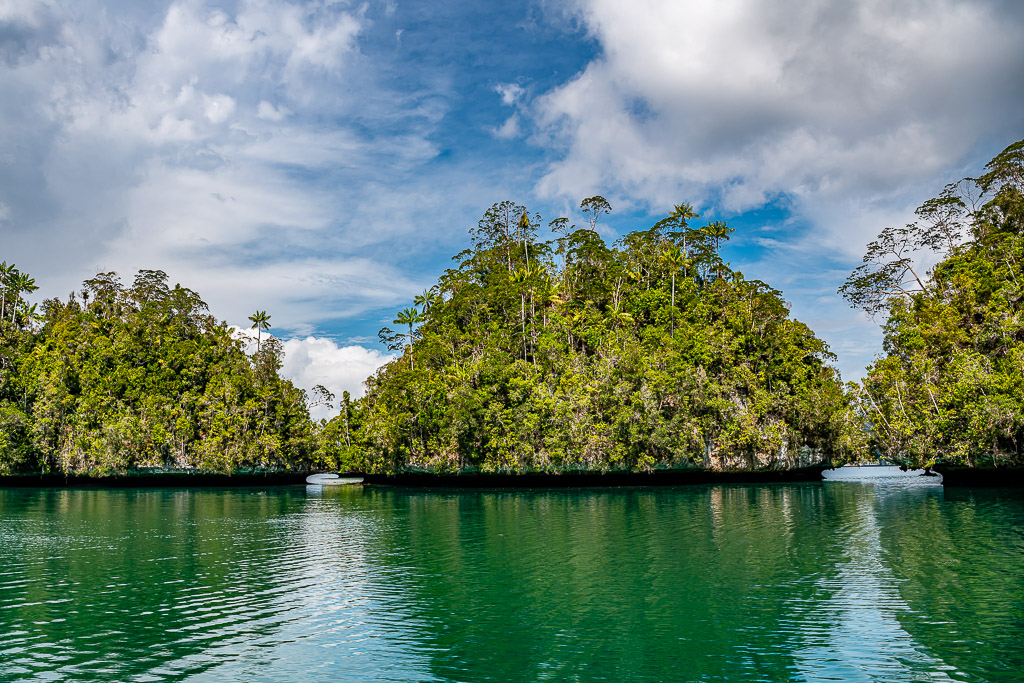 Passages étroits et peu profonds entre des îlots boisés dans un lagon émeraude, Waigeo, Raja Ampat, Indonésie