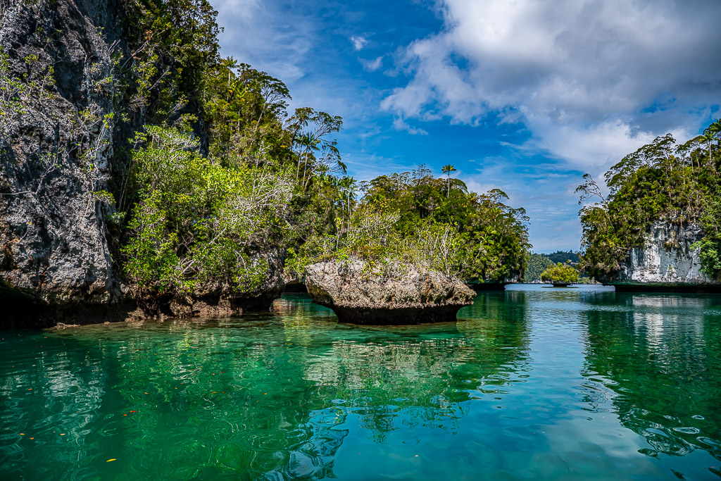 Clear green shallows with a mushroom rock between dark cliffs, Waigeo, Raja Ampat, Indonesia