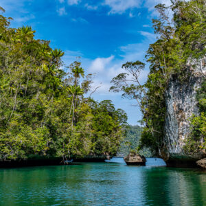 Narrow channel framed by jungle and a white cliff with small rocks, Waigeo, Raja Ampat, Indonesia