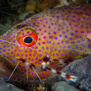 Banded coral shrimp on the head of a blue-spotted coral hind, Raja Ampat, Indonesia