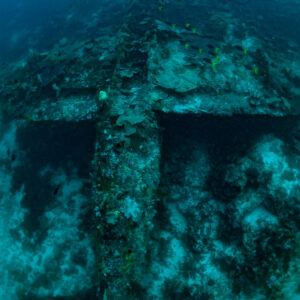 Épave d’avion P-47 Thunderbolt retournée sur un récif corallien, cadrage vertical, épave du P-47 Thunderbolt, Raja Ampat, Indonésie