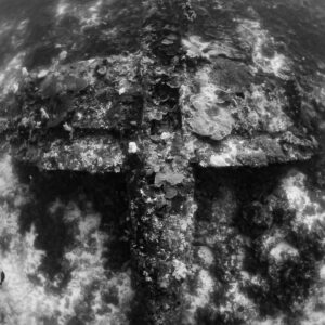 Black and white view of the P-47 Thunderbolt plane wreck, P-47 Thunderbolt wreck, Raja Ampat, Indonesia
