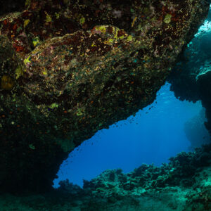 Dark reef cave entrance opening onto blue water, Red Sea, Egypt