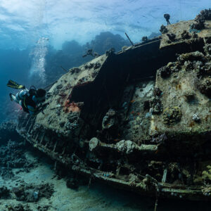 Woman diver exploring the encrusted deck of a sunken sailboat, Red Sea, Egypt
