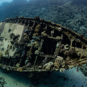 Coque concrétionnée d’un voilier coulé vue depuis la proue, mer Rouge, Égypte