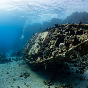 Diver approaching a sunken sailboat wreck under the sunlit surface, Red Sea, Egypt