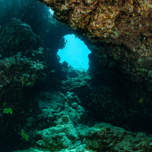 Reef cave with an opening to blue water, Habili Ali South, Red Sea, Egypt