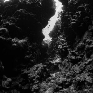 Black and white view of a reef cave with light pouring through the roof, Dangerous Reef South, Red Sea, Egypt