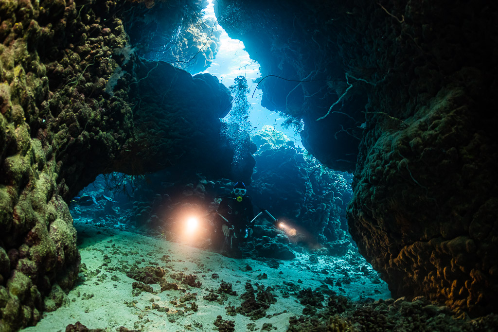 Divers with torches under a large rock arch inside a reef cave, Dangerous Reef South, Red Sea, Egypt