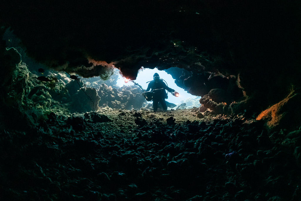 Diver silhouetted in a low cave entrance seen from inside, Shaab Claudio, Red Sea, Egypt