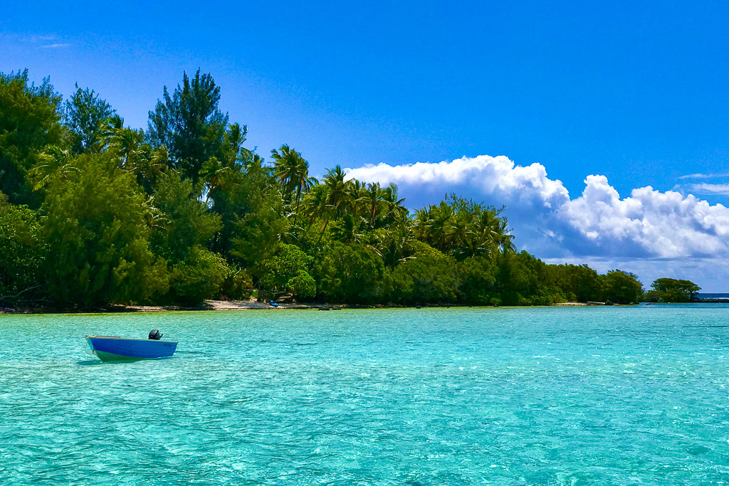 Small blue boat moored in turquoise shallows off a palm-covered islet, Moorea, Society Islands, French Polynesia