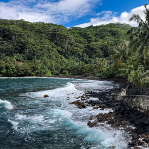 Waves breaking on a black rocky shore below palm trees and lush cliffs, Tahiti, Society Islands, French Polynesia