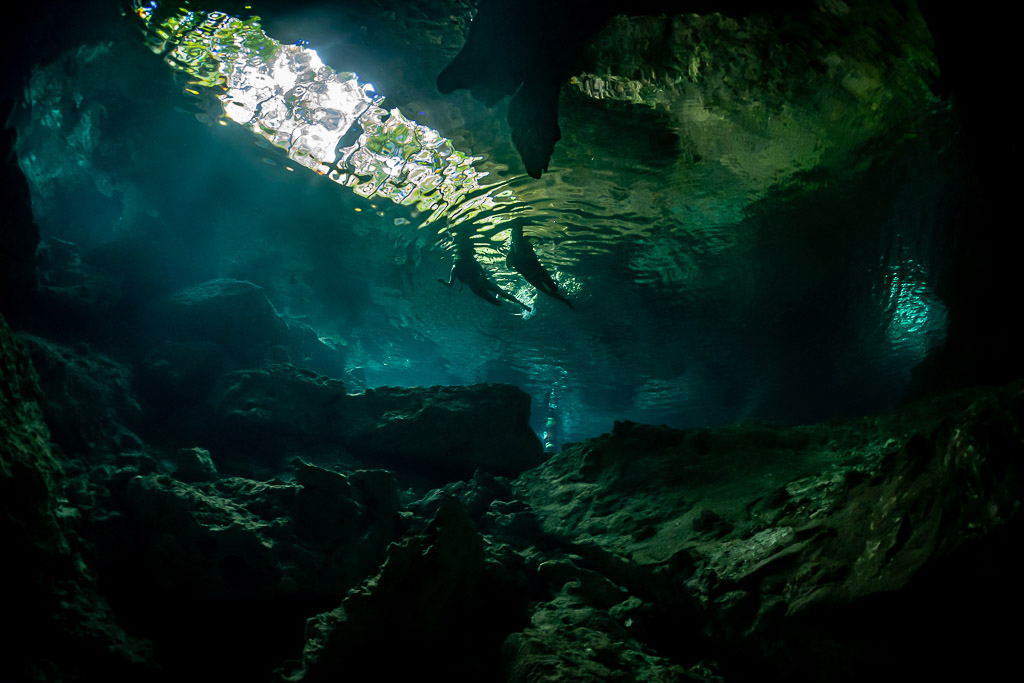 Jungle and sky reflected through the surface opening of a dark cenote, Quintana Roo, Mexico