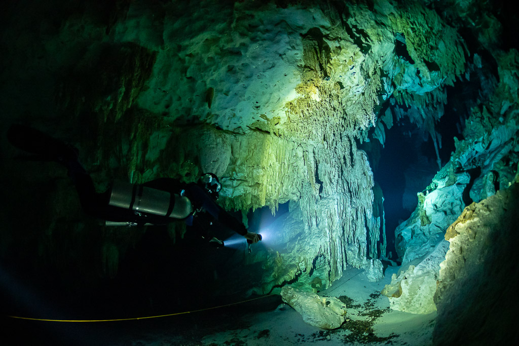 Diver with torch lighting a green-yellow limestone wall in a cenote cavern, Quintana Roo, Mexico