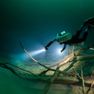 Sidemount diver descending toward sunken tree trunks on a hazy bottom, Cenote Angelita, Quintana Roo, Mexico