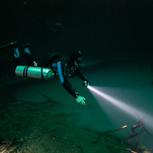 Sidemount diver pointing a torch into green water above sunken branches, Cenote Angelita, Quintana Roo, Mexico