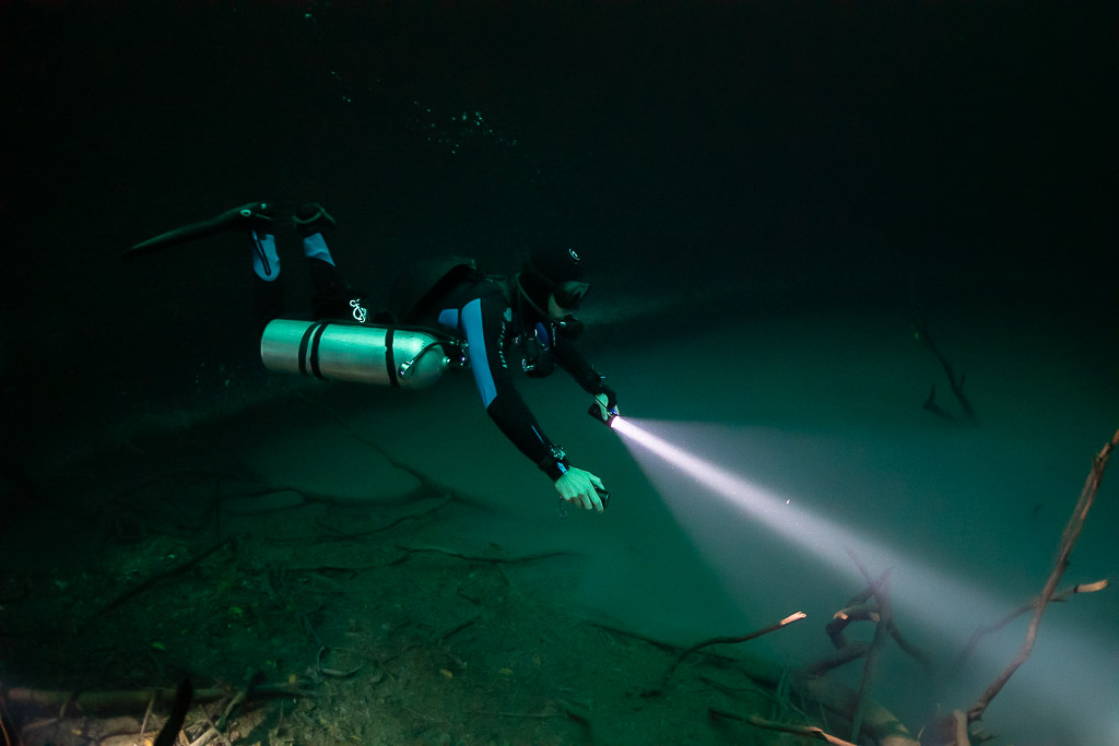 Sidemount diver pointing a torch into green water above sunken branches, Cenote Angelita, Quintana Roo, Mexico