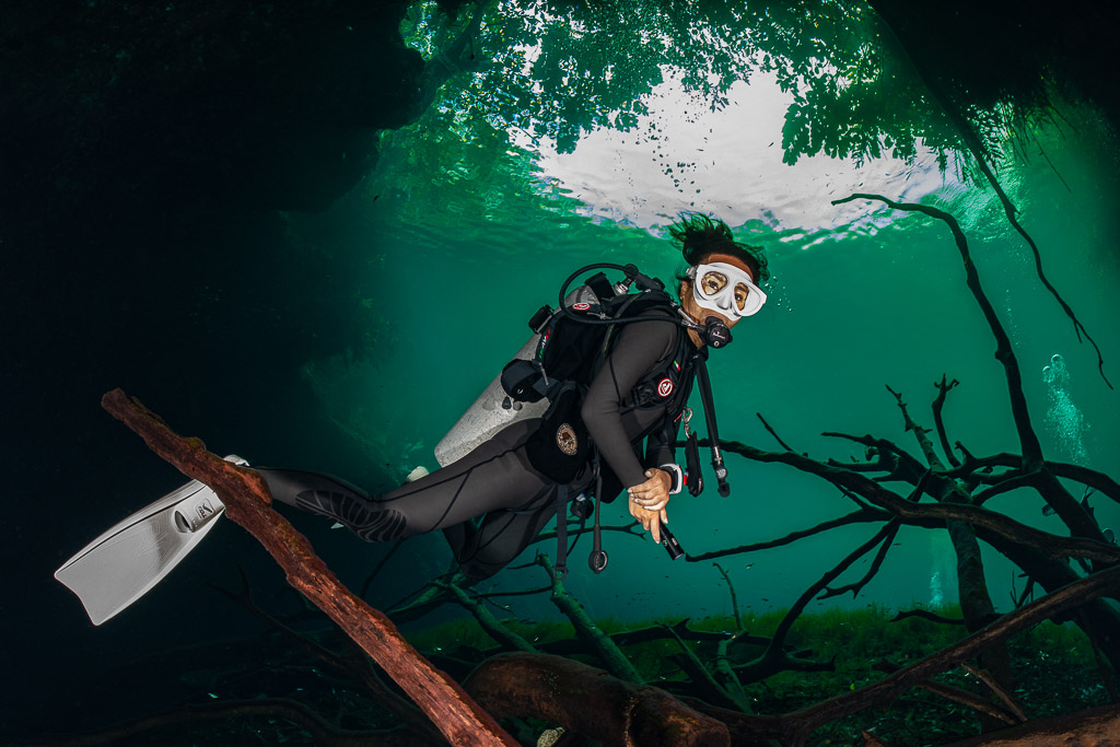 Cavern diver posing among sunken branches in a shallow sunlit cenote, Quintana Roo, Mexico
