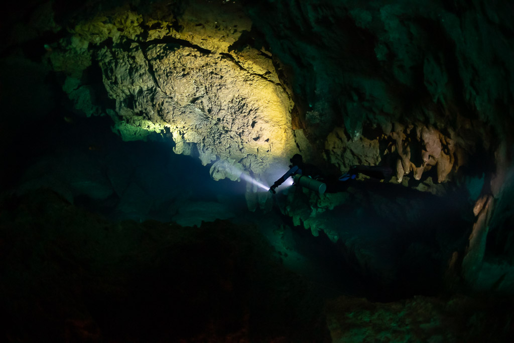 Diver with torch lighting a yellow ceiling in a dark cavern, Quintana Roo, Mexico