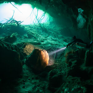 Diver with torch approaching a boulder below a root-filled cenote opening, Quintana Roo, Mexico
