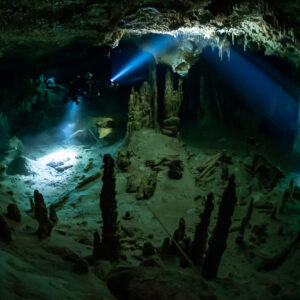 Two cave divers lighting a field of stalagmites in a green chamber, Quintana Roo, Mexico