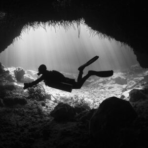 Black and white diver silhouette under a cavern lip with hanging roots, Casa Cenote, Quintana Roo, Mexico