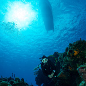 Diver beside a coral pinnacle under the sunburst and boat silhouette, Cozumel, Quintana Roo, Mexico