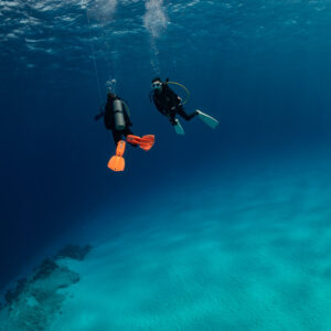 Two divers descending over a sandy slope, vertical view, Cozumel, Quintana Roo, Mexico