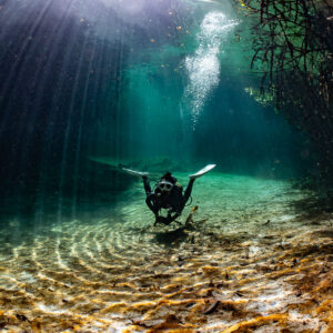 Diver swimming toward camera over rippled sand under sunbeams, Casa Cenote, Quintana Roo, Mexico