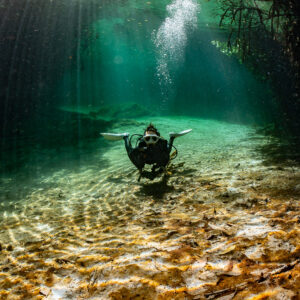 Diver over sand ripples beneath a column of bubbles, vertical, Casa Cenote, Quintana Roo, Mexico