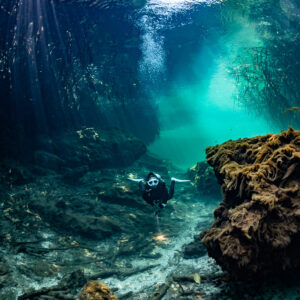 Diver in a rocky cenote channel with a sunburst above, vertical, Casa Cenote, Quintana Roo, Mexico