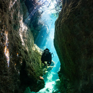 Diver in a narrow rock crevice lit from above, vertical, Casa Cenote, Quintana Roo, Mexico