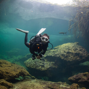 Diver facing the camera among rocks in a green-lit cenote, Casa Cenote, Quintana Roo, Mexico