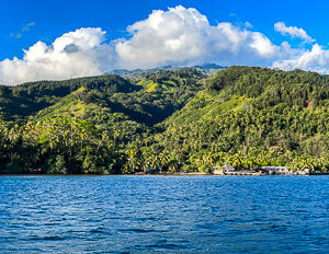 Panoramic view of a green mountainous island coast from the sea, Tahiti, Society Islands, French Polynesia
