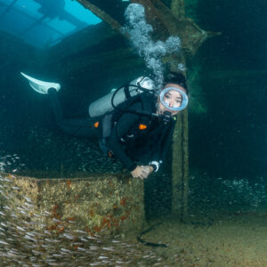 Scuba diver exploring a wreck interior among baitfish, Baja California Sur, Mexico