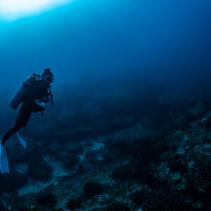 Diver descending in silhouette along a dim rocky reef slope, Cabo Pulmo, Baja California Sur, Mexico