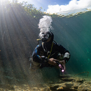 Diver exhaling bubbles below sunrays and sky in a cenote, close view, Casa Cenote, Quintana Roo, Mexico