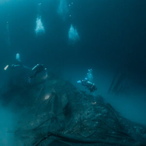 Divers above the debris mound rising from the sulfide cloud, Cenote Angelita, Quintana Roo, Mexico