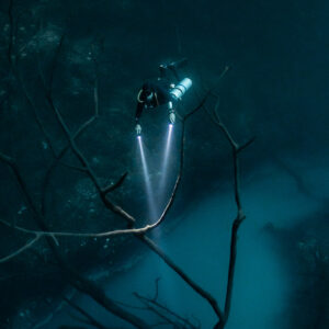 Diver descending toward a horizontal dead branch lit by torches, Cenote Angelita, Quintana Roo, Mexico