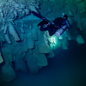 Diver above layered limestone bells seen from a high angle, Cenote El Zapote, Quintana Roo, Mexico