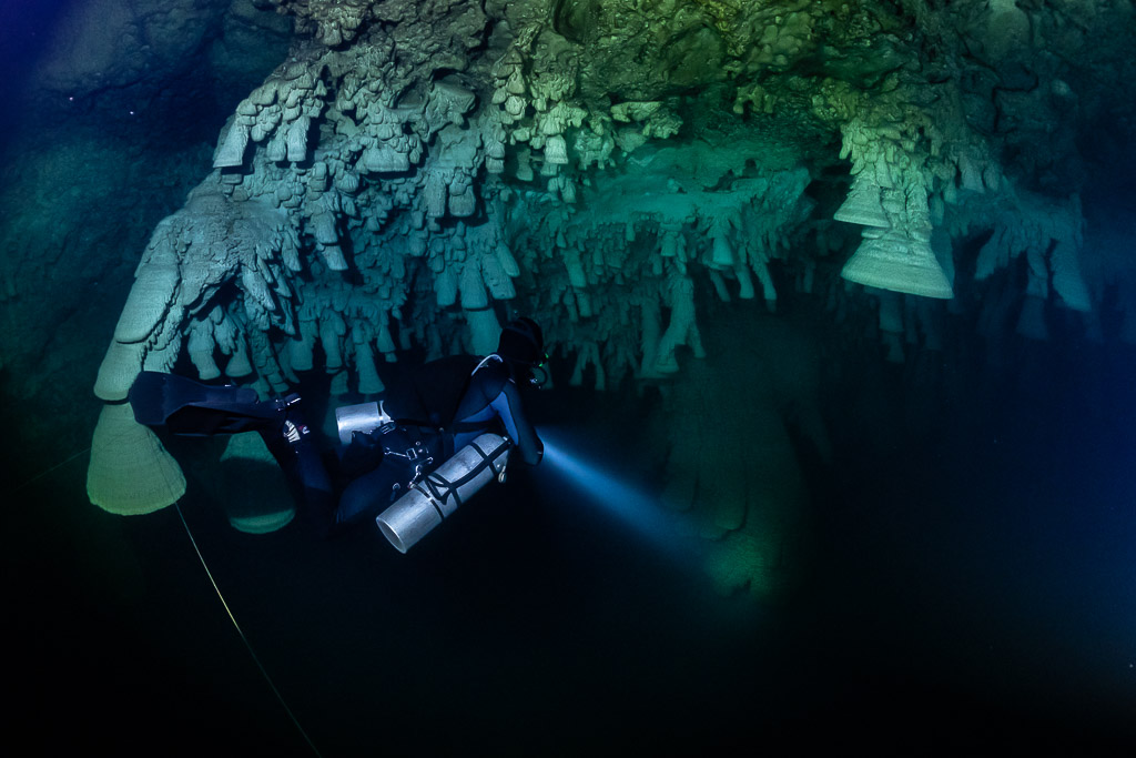 Plongeur en sidemount près du fil d’Ariane sous des cloches en surplomb, cénote El Zapote, Quintana Roo, Mexique