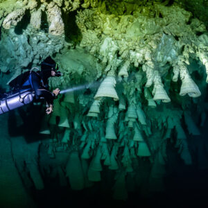 Sidemount diver beaming across a forest of hanging limestone bells, Cenote El Zapote, Quintana Roo, Mexico