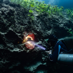 Close-up of a diver lighting a red-tinted hole in the limestone, Quintana Roo, Mexico