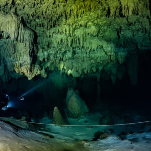 Small diver along a guideline in a wide green decorated chamber, Quintana Roo, Mexico